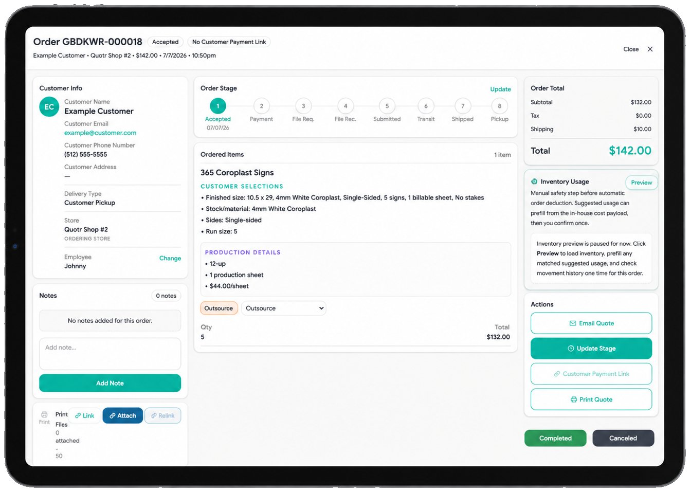 Quotr multi-store management shown on a tablet